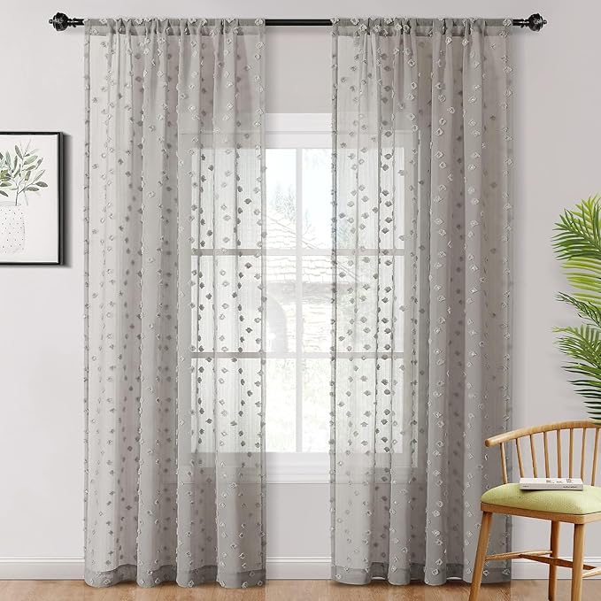 MYSKY HOME Pom Pom Grey Sheer Curtains for Bedroom Girls Room Curtains 84 Inches Long for Nursery Kids Light Filtering Boho Window Drapes, Rod Pocket, 52" Wide, 2 Panels
