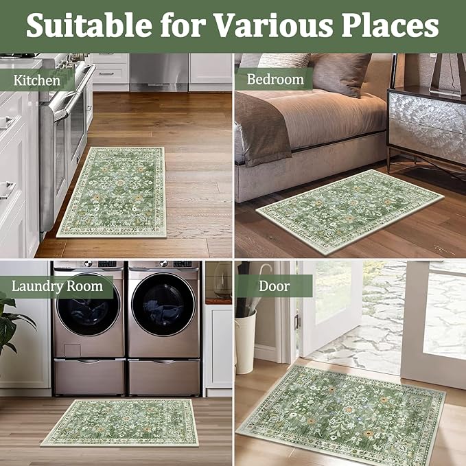 Yamaziot Washable 2x3 Area Rugs Small Entryway Non Slip Rug, Sage Green | Soft - Image 7