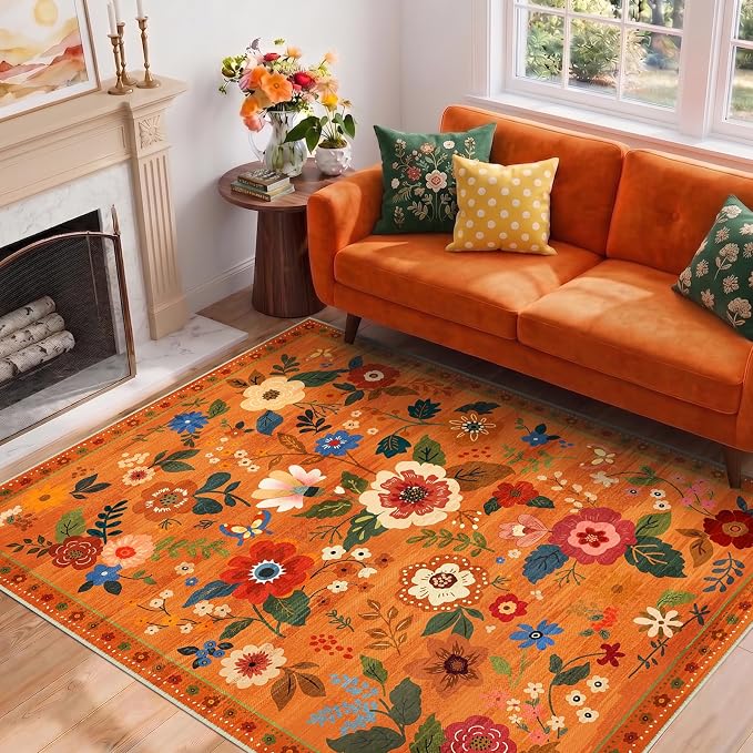 RELEANY Floral Washable 4x6 Area Rugs BurntOrange | Flower Carpet Print Boho - Image 8