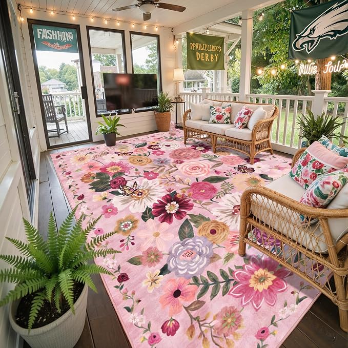 Pink Washable Area Rug 10x14 for Living Room Bedroom | Low Pile; Non Slip; - Image 2