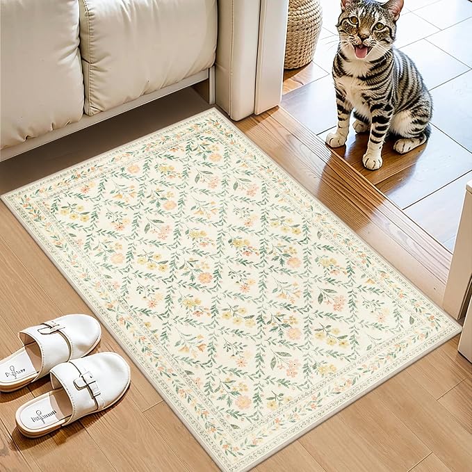 PLHXFR 2x3 Small Entryway Rug: Floral Washable Indoor Carpet Beige Multi | - Image 2