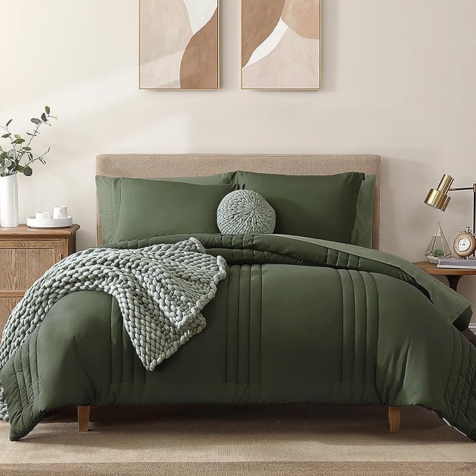 Monbix Full Comforter Set - 7 Pieces Olive Green Bed in a Bag Full Size Bedding Sets with Comforters, All Seasons Down Alternative Comforter with Sheets,Pillowcases & Shams