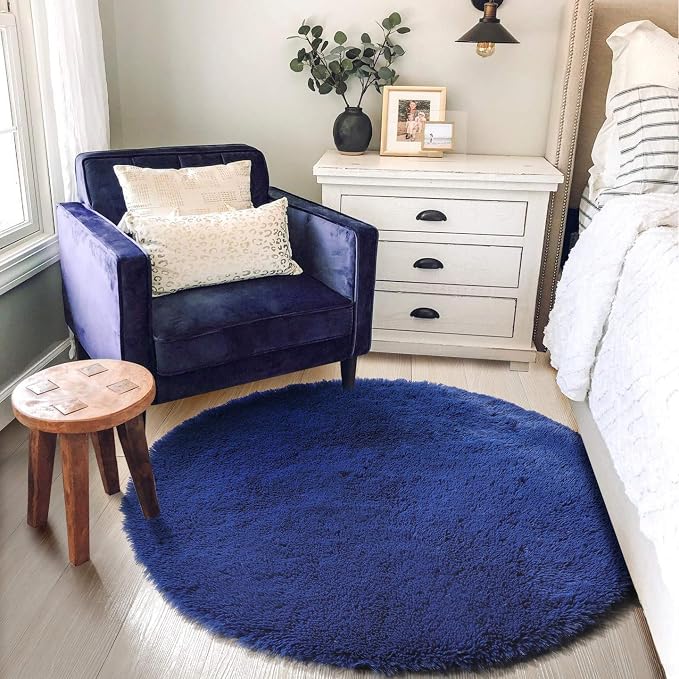 Amdrebio Navy Blue Small Round Shag Area Rug 3Ft - Image 3