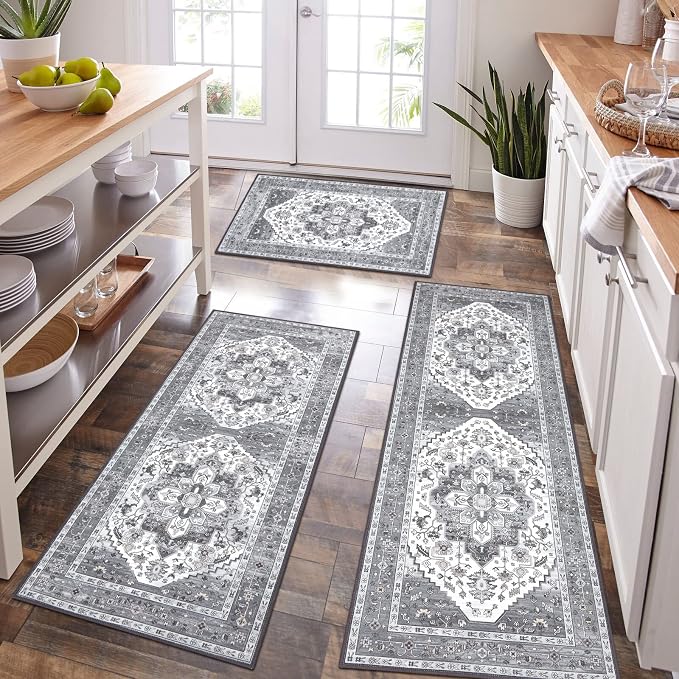 HEBE Boho Kitchen Rugs Set of 3, Non Slip Washable Kitchen Mats by HEBE