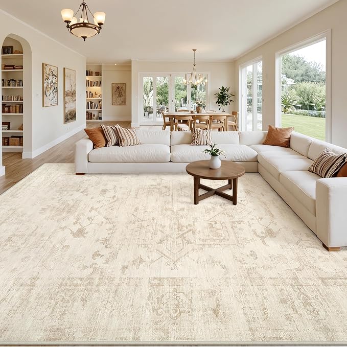 Area Rugs 9x12 Living Room: Bedroom Washable Carpet Beige/Brown | Large Vintage - Image 8