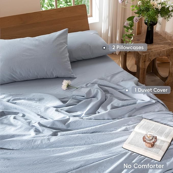 MooMee Bedding Duvet Cover Set 100% Washed Cotton Linen Like Textured Breathable Durable Soft Comfy (Heathered Cornflower Blue, King 104"x90")