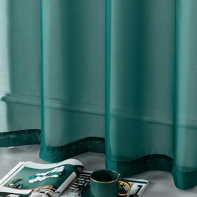 DUALIFE Hunter Green Sheer Curtains 45 Inch Length,Look Semi Sheer Curtain Drapes for Living Room Bedroom Loft Kitchen Bathroom Privacy Voile Window Treatment Panels,52 x 45 Inches,Set of 2