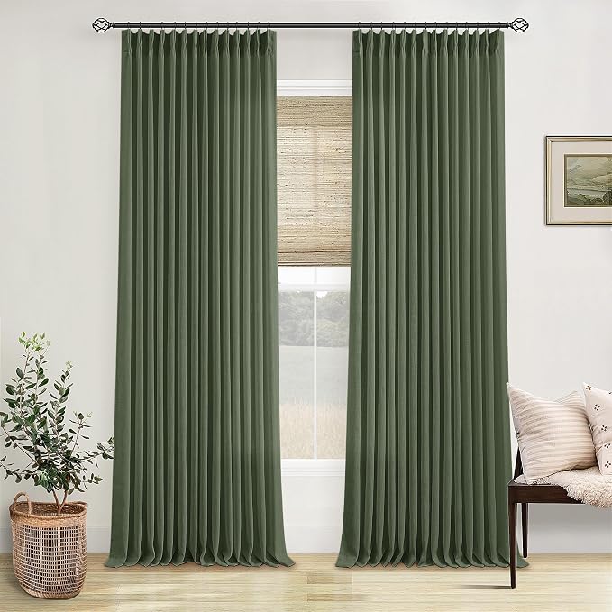 Olive Green Pinch Pleated Linen Semi Sheer Bedroom Curtains 92 Inches Long | - Image 9