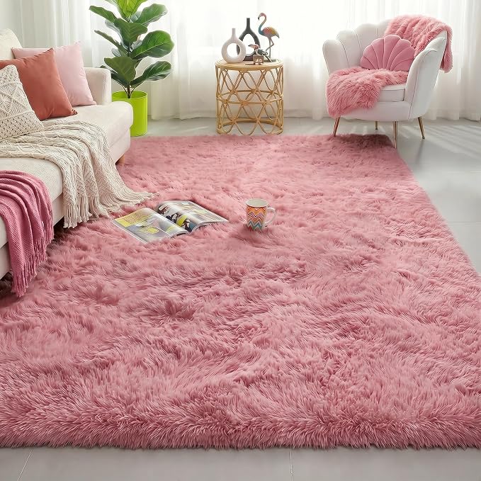 Amdrebio Blush Pink Fluffy Rug 5x8 by Amdrebio