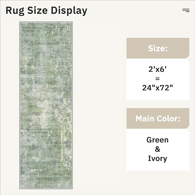 Soalmost Abstratc Runner Rug 2x6 Kitchen Hallway Runners Green/Ivory | Low-Pile - Image 5