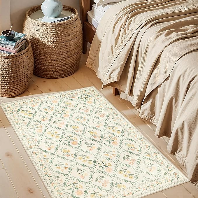PLHXFR 2x3 Small Entryway Rug: Floral Washable Indoor Carpet Beige Multi | - Image 3