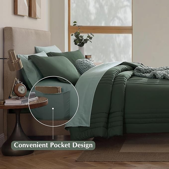 Monbix Queen Comforter Set - 7 Pieces Deep Forest Bed in a Bag Queen Bedding Sets with Comforters, All Seasons Down Alternative Comforter Bed Set with Sheets,Pillowcases & Shams