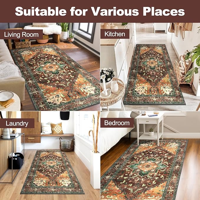 Yamaziot Washable Runner Rug, 3x6 Non-Slip Boho Vintage Hallway Kitchen Rug | - Image 8