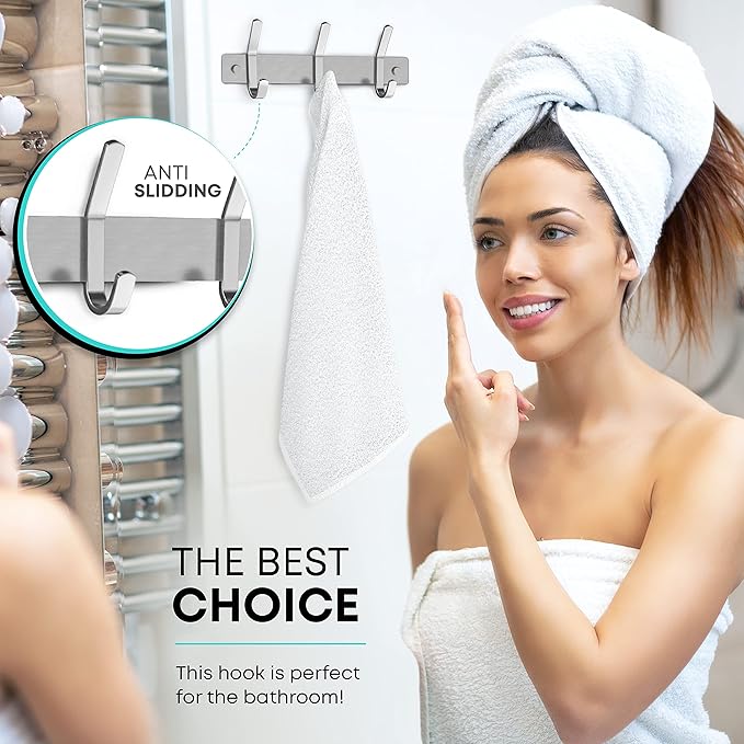 Small Coat Rack Wall Mount – Brushed Nickel 9 Inch Stainless Steel Hook Rail with 3 Heavy Duty Double Coat Hooks – Wall Mounted Coat Hanger for Entryway, Bathroom, Bedroom, Hat Organizer - 2 Pack