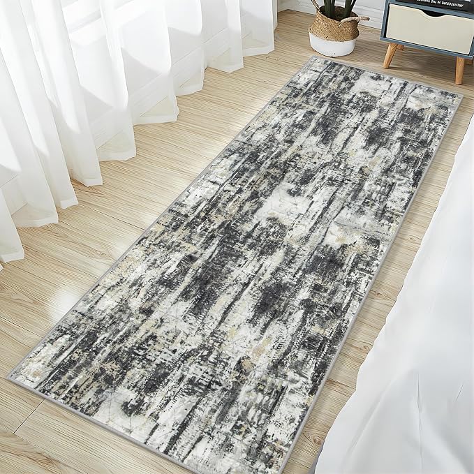2'6''x8' Runner Rugs Washable Rug: Modern AbstractBlack Grey Gold Carpet | - Image 3