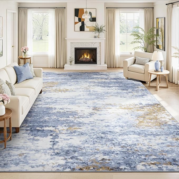 8x10 Area Rug for Living Room, Abstract Washable Large Rugs, Light Blue | by Lofus