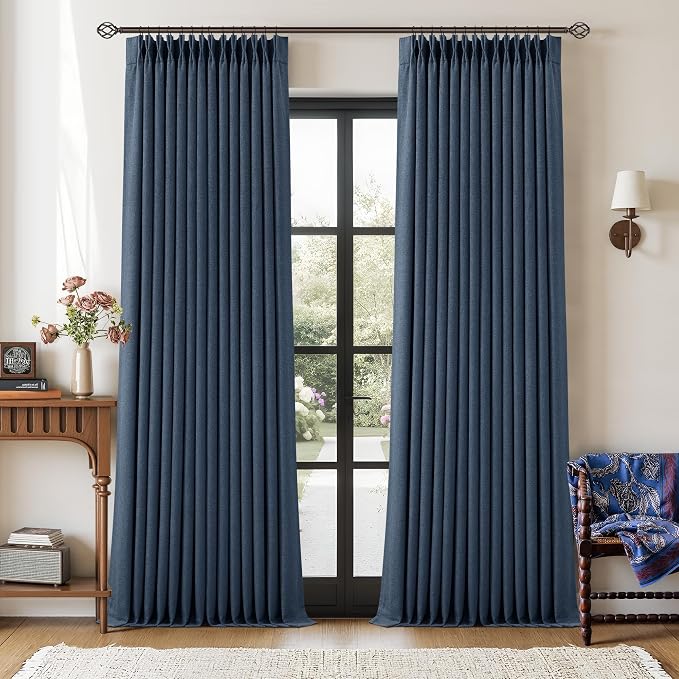 Dark Blue 96 Inch Pinch Pleated Blackout Memory Trained Linen Curtains | Memory by Twodrapes