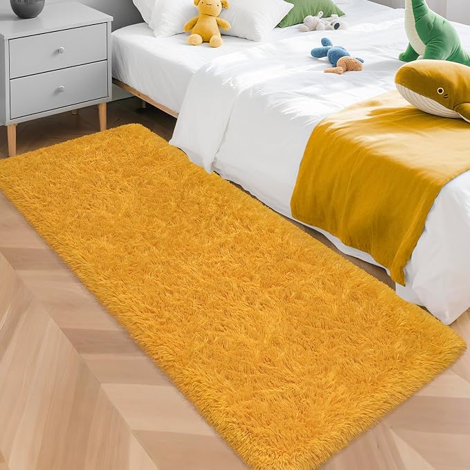 Beige Yellow Runner Rug for Bedroom 2x5ft Fluffy Area Rug Bedside Runner by JiaoBaba