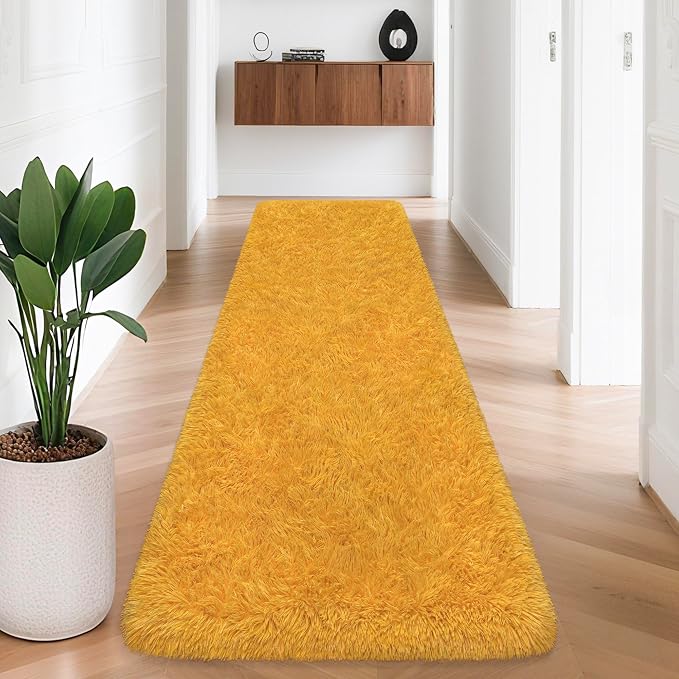 2x8 Bedside Area Rugs for Bedroom Soft Fluffy Shag Beige Yellow Carpet for by JiaoBaba
