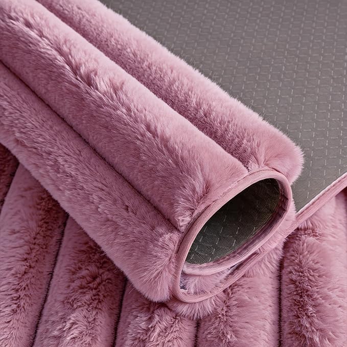 Dusty Rose Rabbit Striped Plush Rug 5'x8', Fluffy Shaggy Area Rug - Image 5