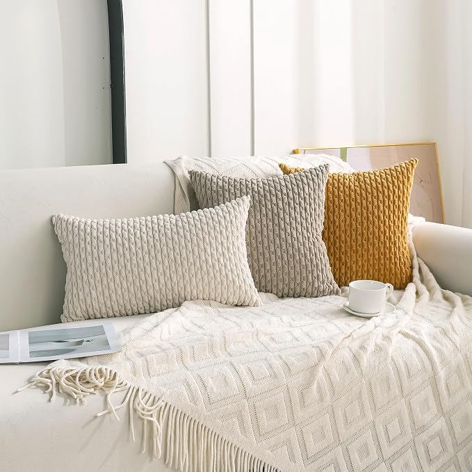 Set of 4 Yellow Olive Aqua Decorative Throw Pillow Covers 26x26 Inch Corduroy - Image 3