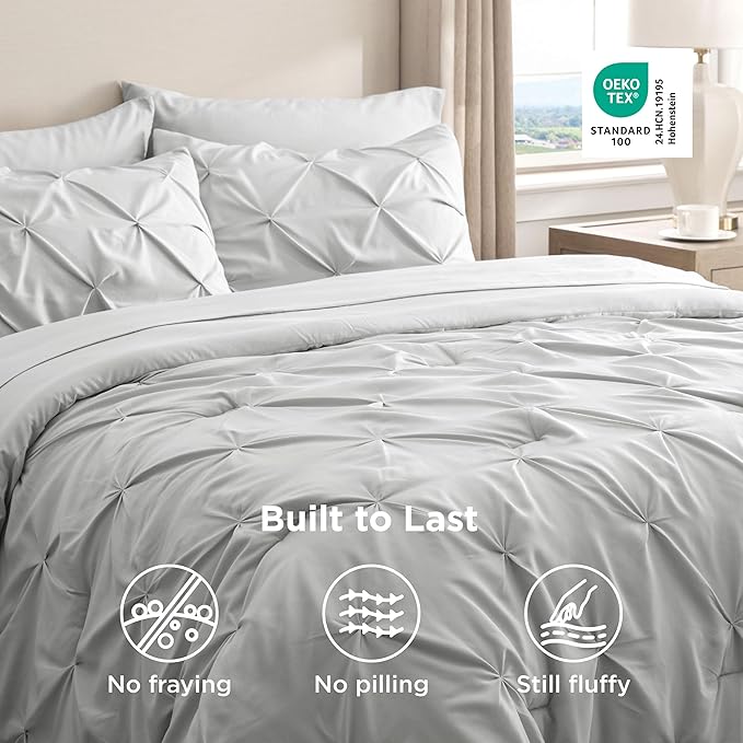 Bedsure King Size Comforter Set Light Grey - Bed in a Bag Bedding Set 7 Pieces, GentleSoft™ Pintuck Bed Set Gift for Family, Pinch Pleat Light Grey Comforter with Sheets, Pillowcases & Shams