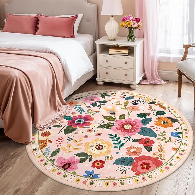 RELEANY Floral Washable Round 4ft Area Rug Pink | Flower Carpet Print Boho Cute - Image 6