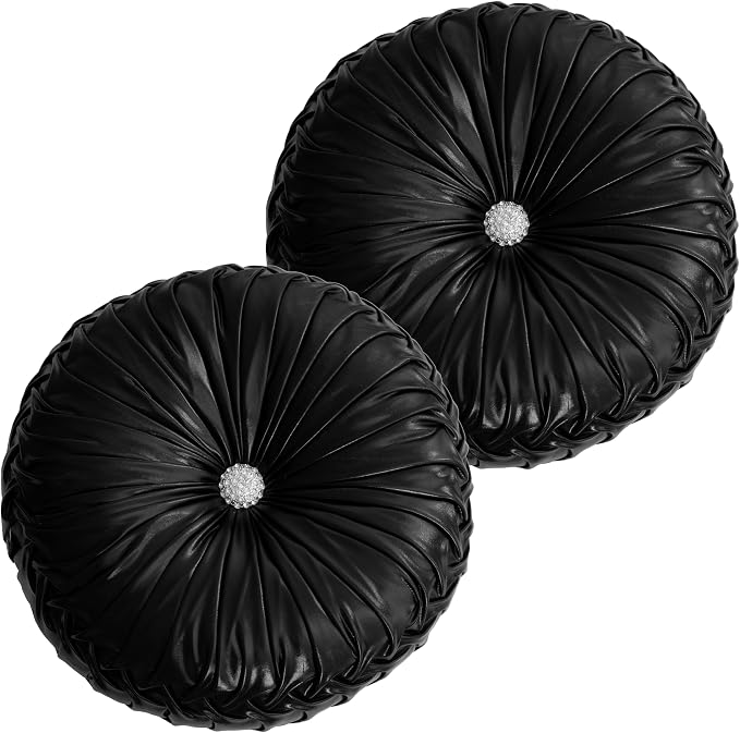 HIG Set of 2 Black Metallic Leather Decorative Round Pleated Throw Pillows | - Image 2