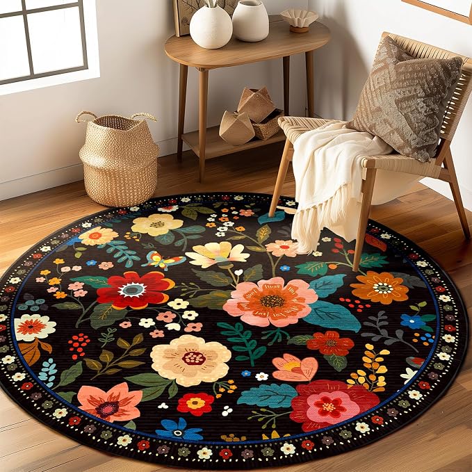 RELEANY Floral Washable Round 8ft Area Rug Black | Flower Carpet Print Boho - Image 6