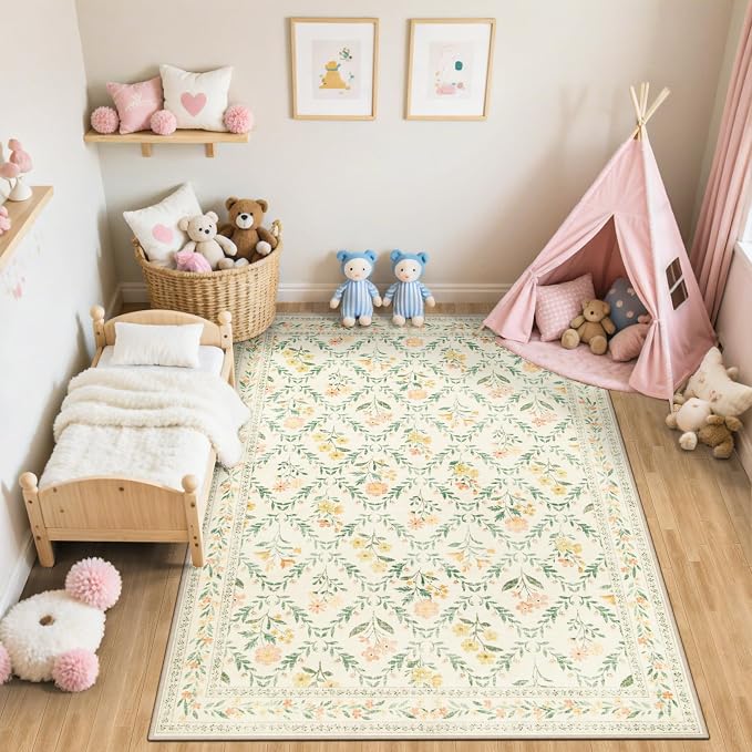 PLHXFR 6x9 Area Rug Living Room: Floral Washable Boho Carpet Beige Multi | - Image 5