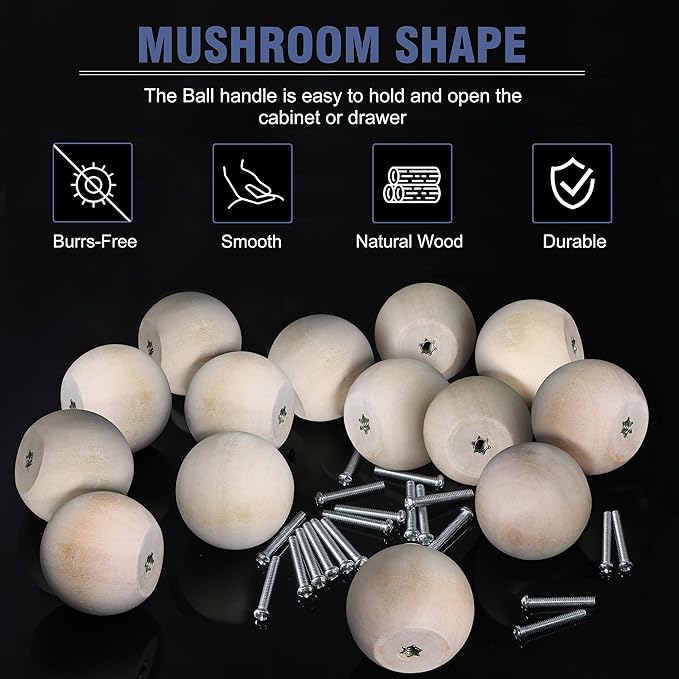 FoDau770 30pcs Unfinished Wood Knobs, Round Ball Cabinet Knobs Vintage Drawer Pulls, Natural Wooden Cabinet Hardware for Furniture Drawer Dresser Wardrobe Cupboard - 1-1/2" Diameter