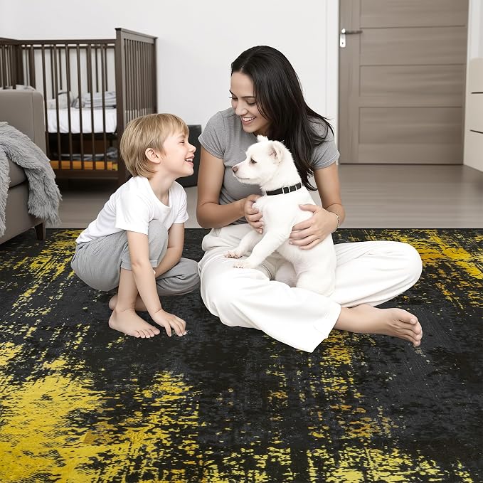 2x5 Washable Runner Rug：Modern Abstract Soft Carpet Black Gold | - Image 2
