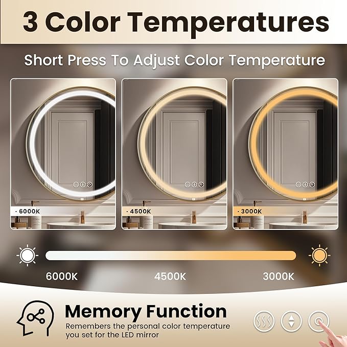 Gold Round Mirror 28 Inch, Metal Framed Frontlit Bathroom Mirror, Circle Mirrors for Wall, Led Light Mirror with Anti-Fog, Memory Function, 3 Color Temperature, Dimmable Makeup Mirrors