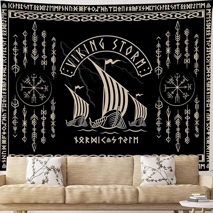 OSUNBD Viking Warship Tapestry Wall Hanging - Large 106x70 inches Storm & Celtic Runes on Soft Flannel Aesthetic Mythology Tapestries Norse Mythology Art for Bedroom, Living Room Decor
