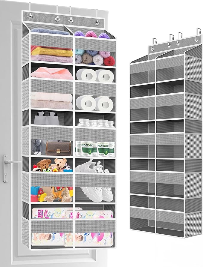 Over The Door Organizer Multi Pocket,5 Tier Large Hanging Shelf for Storage Kids Toys, Diapers, Clothes,Yarn,Heavy Duty Behind Door Storage for Bedroom Bathoom Nursery Closet Pantry,gray
