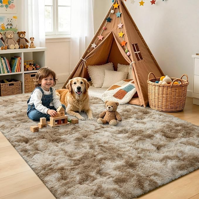 5x7 Tie-Dyed Beige Fluffy Soft Area Rug Non-Slip - Image 4