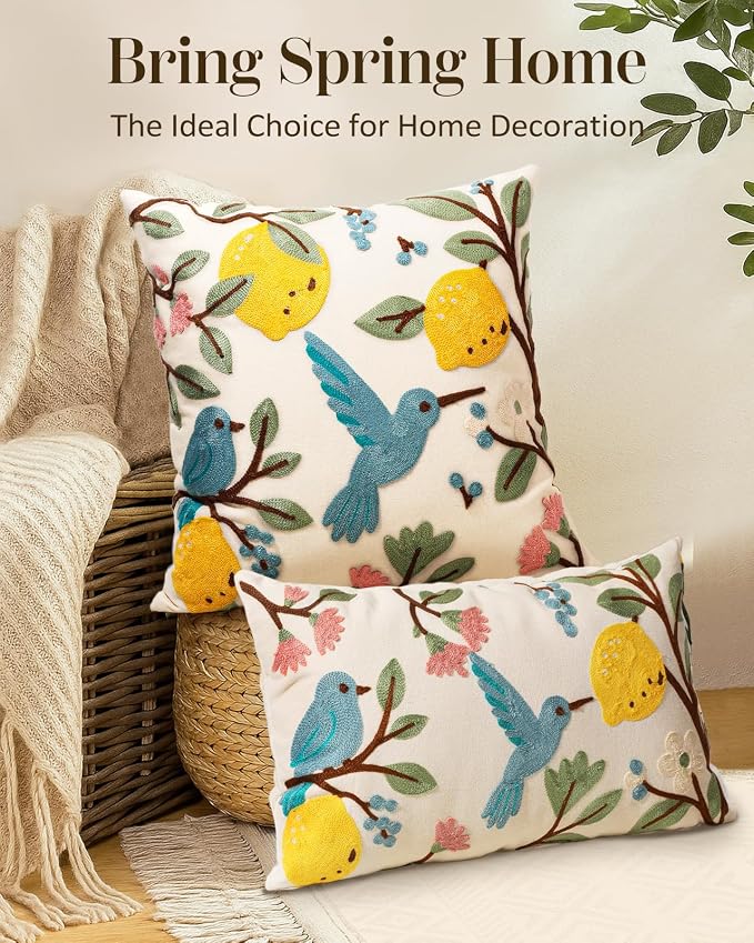 Embroidered Throw Pillow Cover 20x20 Inch, Bird Lemon | Decorative Pillow Cover - Image 5