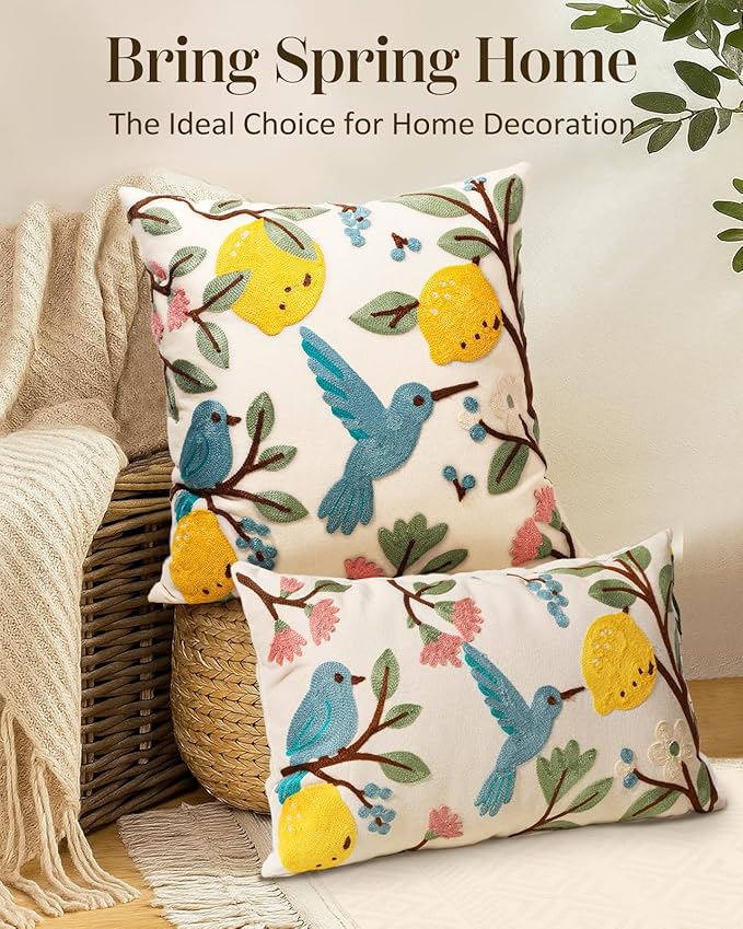 Embroidered Lumbar Pillow Cover 20x12 Inch, Bird Lemon | Decorative Throw - Image 5