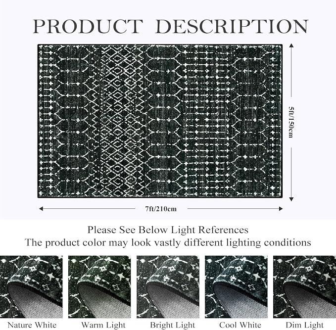 Lahome Moroccan Black Rug for Bedroom Washable Area Rugs 4x6 Non-Slip - Image 2