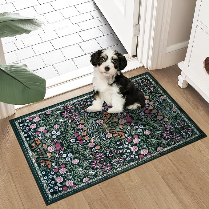 PLHXFR 2x3 Small Entryway Rug: Floral Washable Indoor Carpet Dark Green | - Image 2