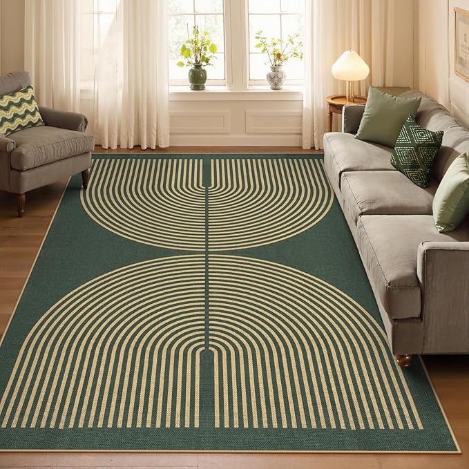 Lahome Rainbow Easy Jute Dark Green Rug, 5x7 Mid Century Modern Rug | Rugs - Image 6