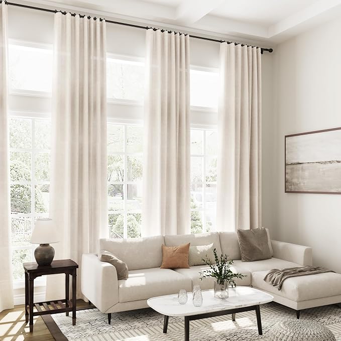 Linen Beige Curtains 108 Inches Long 2 Panels Set Back Tab Rod Pocket Semi - Image 7