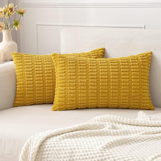 MIULEE Lumbar Corduroy Decorative Throw Pillow Covers 12x20 Mustard Yellow | by MIULEE