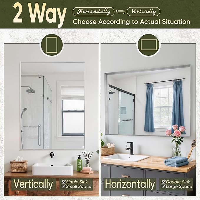 Suidia Bathroom Mirror, 30" x 30" Rectangular Wall Mirror, Metal Framed Wall Decor Wall-Mounted Mirrors for Bathroom, Bedroom, Living Room, Entryway, Silver