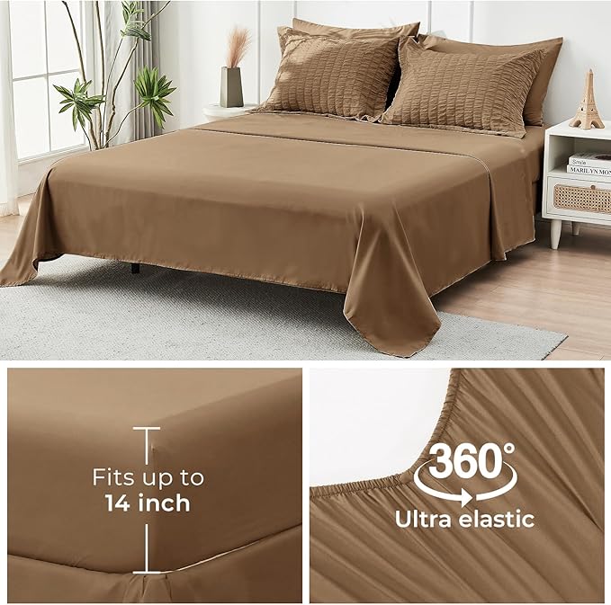 HYMOKEGE Brown Full Size Comforter Sets Seersucker 7 Pieces, All Season Luxury Bed in a Bag for Bedroom, Bedding Set with Comforter, Sheets, Pillowcases & Shams