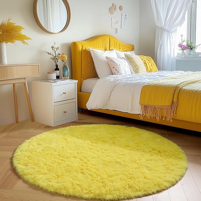 Amdrebio Yellow Round Plush Shag Area Rug 4Ft - Image 2