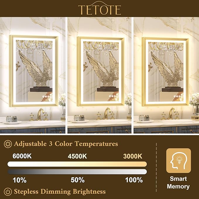 TETOTE Gold LED Mirror for Bathroom 55x30 Metal Frame Frontlit & Backlit Lighted Vanity Mirror Baroque Anti Fog Stepless Dimmable White/Warm/Natural,CRI90+,Wall Mounted(Horizontal/Vertical)