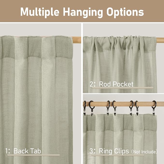 Sage Grey Semi Sheer Linen Curtains 45 Inches Long 2 Panels | Light Filtering - Image 3