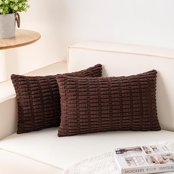 Pack of 2 Corduroy Decorative Throw Pillow Covers 12x20 Inch, Dark Brown | Fall by Unknown