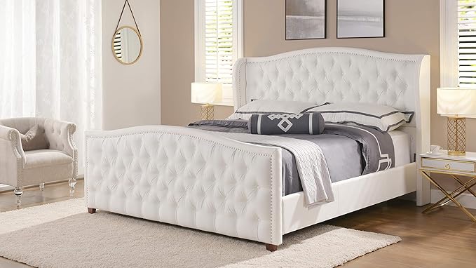 Jennifer Taylor Home Marcella Upholstered Shelter Headboard Bed Set, King, Bright White Polyester